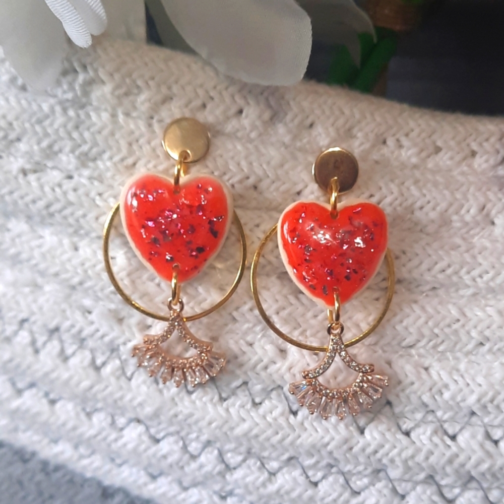 Handmade Red and Gold Heart Earrings